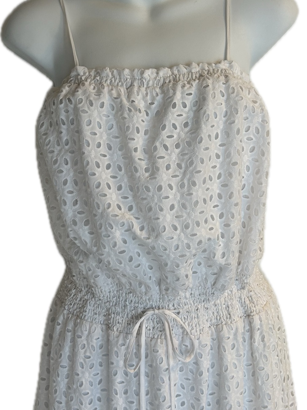 White Eyelet Tiered Dress with Drawstring Waist - Picture 5 of 7